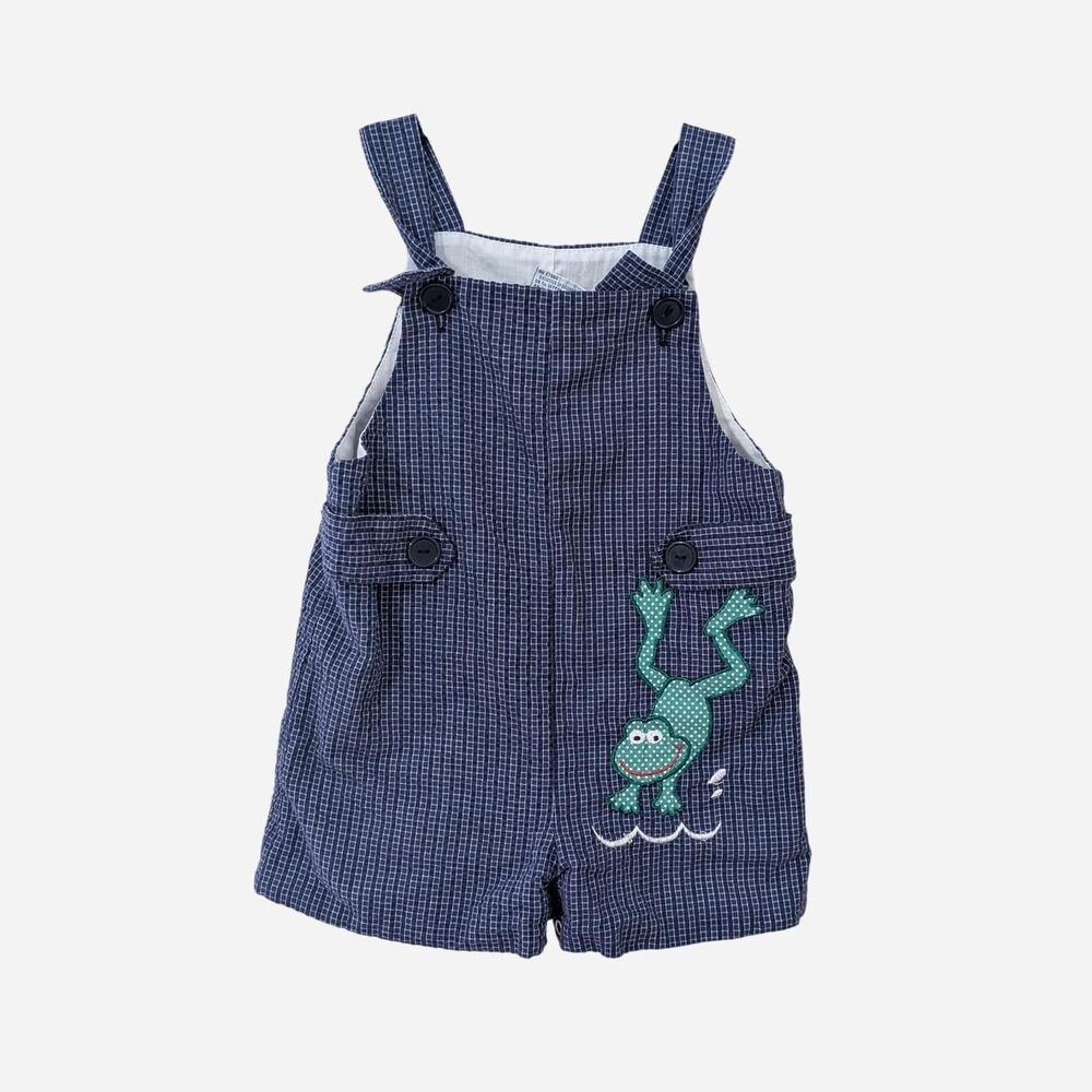 Vintage Baby Boy Frog Applique Blue Gingham Jon Jon Overalls Shortalls